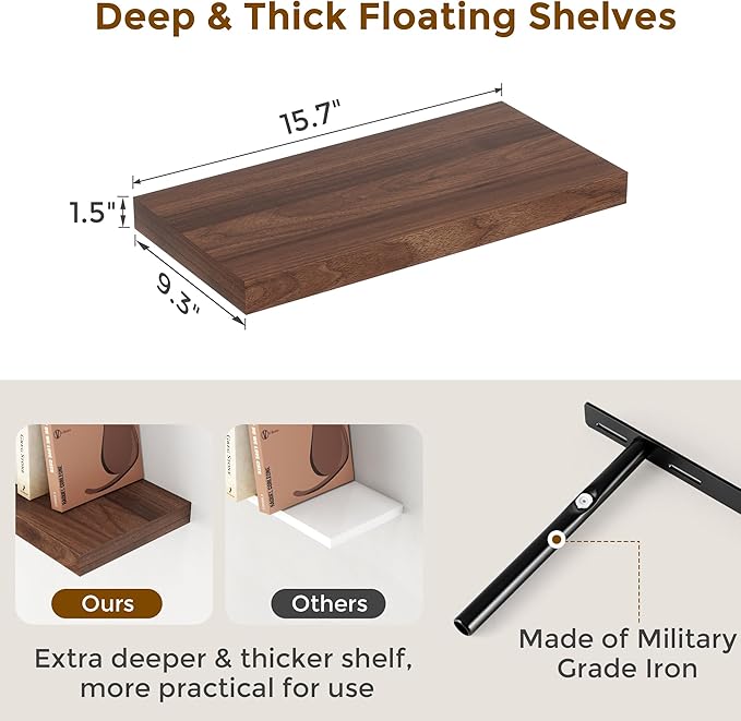 Floating Shelves 16 Inch Long, Wall-Mounted Bathroom Shelves Set of 2, 9.3 Inch Deep Shelf for Home Storage & Display, Wooden Deep Wall Shelves for Bedroom, Living Room, Kitchen, Walnut Color