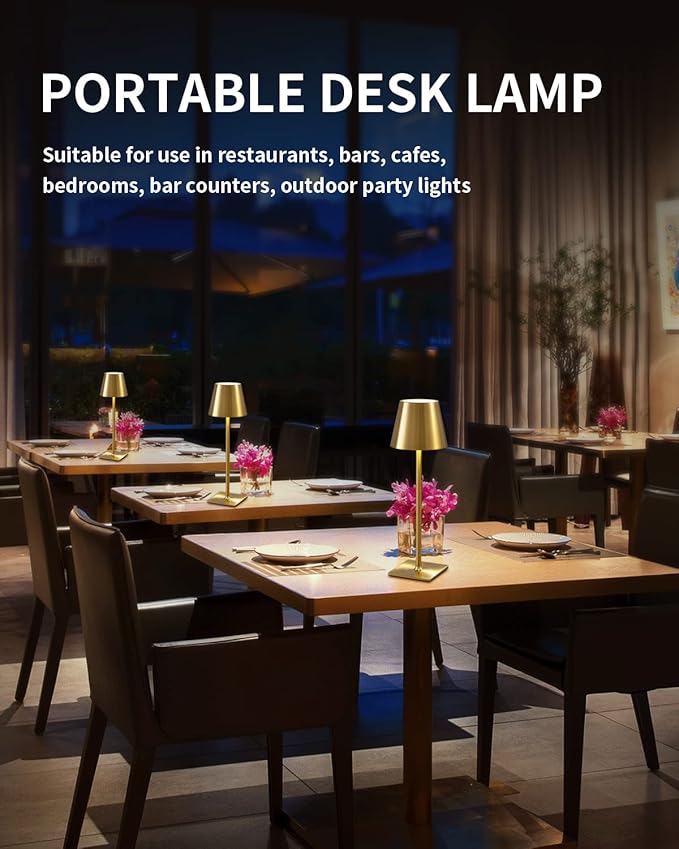 KDG 2 Pack Cordless Table Lamp,Portable LED Desk Lamp, 4000mAh Battery Operated, 3 Color Stepless Dimming Up, for Restaurant/Bedroom/Bars/Outdoor Party/Camping/Coffee Shop Night Light(Gold)