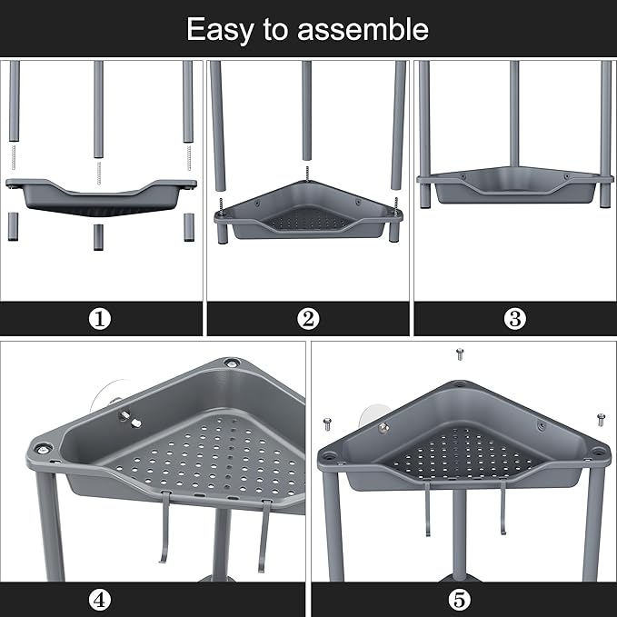 Orimade Rustproof 2 Tier Floor Standing Corner Shower Caddy Organizer, Plastic Metal Splicing Floor Corner Shelf Rack Stands for Bathroom, Grey