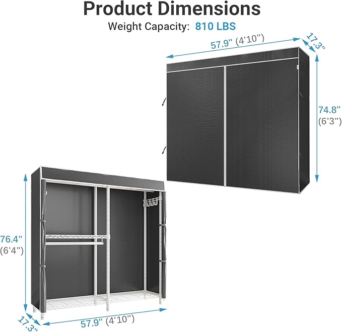 VIPEK V4C Garment Rack with Cover, Heavy Duty Portable Closet Adjustable Metal Clothing Rack for Hanging Clothes with Hanging Rods & Side Hooks, Max Load 810lbs, White Rack with Black Cover
