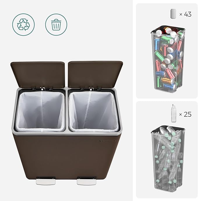 SONGMICS Trash Can, 2 x 8 Gallon (2 x 30 L) Garbage Can for Kitchen, with 15 Trash Bags, 2 Compartments, Plastic Inner Buckets and Hinged Lids, Airtight, Brown ULTB60BR