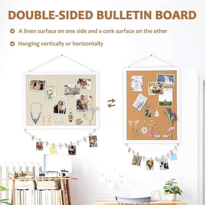 Double-Sided Large Cork Board with Linen, 24" x 18" Hanging Wood Framed Bulletin Board, Picture Display Vision Board Corkboards for Wall Room School Office Decor, 20 Pushpins,1pack