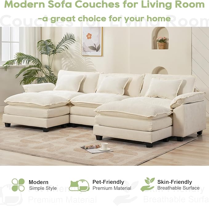 120" Modular Sectional Sofa, Comfy Cloud Couch Sectional Sofa with Ottoman, Chenille Sofa Sleeper Deep Seat Sofa with Throw Pillows for Living Room (Beige White, 120"- U Shape)