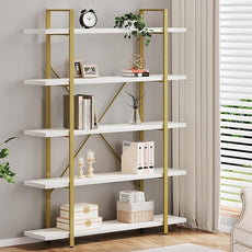 HSH 5 Tier White and Gold Bookshelf, Tall Storage Bookshelves for Bedroom Living Room Office, Metal and Wood Large Book Shelves, Modern Vertical 5 Shelf Bookcase, Farmhouse Big Open Display Book Shelf