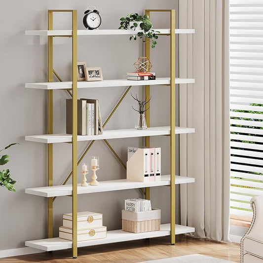 HSH 5 Tier White and Gold Bookshelf, Tall Storage Bookshelves for Bedroom Living Room Office, Metal and Wood Large Book Shelves, Modern Vertical 5 Shelf Bookcase, Farmhouse Big Open Display Book Shelf