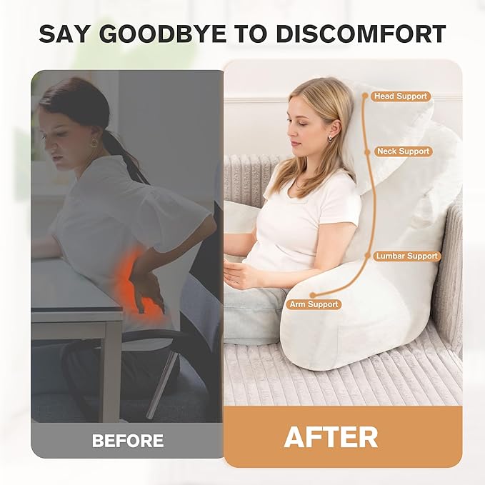 Portable Reading Pillows with Headrest for Bed Sitting Up(Beige Oeko-Tex), Velvet Back Pillow with Arms & Pockets for Adults, Support Memory Foam Bed Pillow for Dorm/Reading/Watching/Gaming