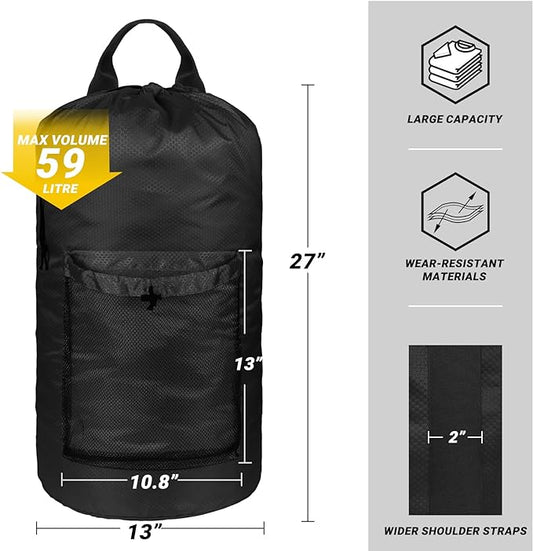 Laundry Bag with Shoulder Straps and Mesh Pocket Laundry Backpack Large Portable Laundry Hamper for College Travel, Laundromat, Apartment (Black)
