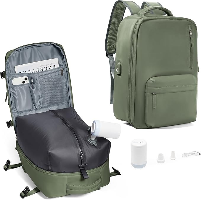Vacuum Compression Backpack, Travel Vacuum Backpack with Electric Vacpack Pump, Flight Approved Carry On Personal Item Suitcase Luggage for Men Women, Green