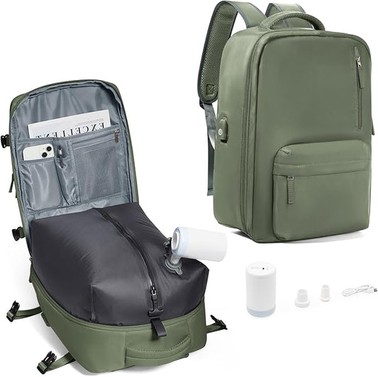 Vacuum Compression Backpack, Travel Vacuum Backpack with Electric Vacpack Pump, Flight Approved Carry On Personal Item Suitcase Luggage for Men Women, Green