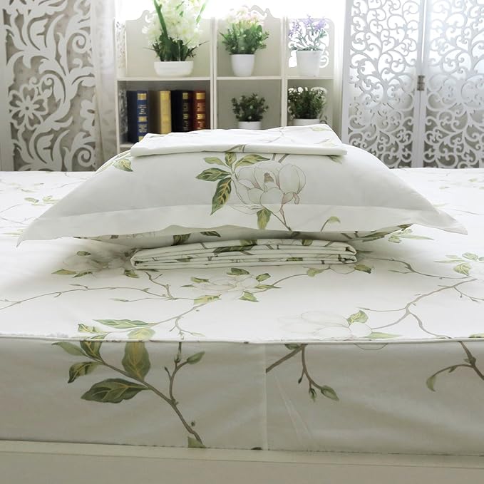FADFAY Floral 4 Piece Bed Sheet Set 100% Cotton Deep Pocket (Queen, Rainkissed Leaves)