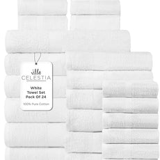 100% Cotton Bath Towel Set of 24-6 Bath Towels, 6 Hand Towels, 12 Wash Cloths, Sustainable, Soft, Highly Absorbent, Combed Cotton 24 Piece Set for Hotels, Spa, Bathroom, Dorm, White