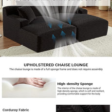 80 Inch Double Chaise Lounge Chair Indoor, Oversized Sectional Corduroy Upholstered Boneless Sofa Bed, Deep Seat Sleeper Loveseat Reading Chairs, Cloud Sofas Couches, No Assembly Required (Black)