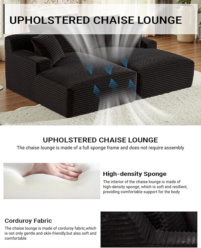 80 Inch Double Chaise Lounge Chair Indoor, Oversized Sectional Corduroy Upholstered Boneless Sofa Bed, Deep Seat Sleeper Loveseat Reading Chairs, Cloud Sofas Couches, No Assembly Required (Black)
