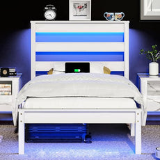 VINGLI Solid Wood Twin Bed Frame with LED Lights & USB Charging, Platform Bed with Storage Headboard Shelf, No Box Spring Needed, Noise-Free, Easy Assembly,White