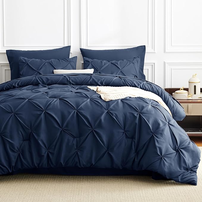 CozyLux Full Size Comforter Sets Navy Blue, 7 Pieces Pintuck Bed in A Bag Blue Comforter Full Size, Pinch Pleat Bedding Sets with All Season Comforter, Sheets, Pillowcases & Shams