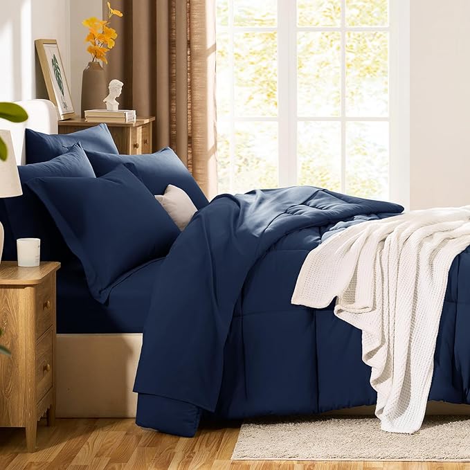 CozyLux Queen Comforter Set Navy Blue - 7 Pieces Bed in a Bag Queen, All Season Breathable Bedding Sets, Oeko-Tex Certified Bed Set with Down Alternative Comforter, Sheets, Pillowcases & Pillow Shams