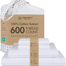 Threadmill 100% Cotton Sheets for King Size Bed - 600 Thread Count King Bed Sheets Set with 16” Deep Pocket - Damask Stripe Sateen Weave 4-Piece Bedding Set with Cooling Effect, White