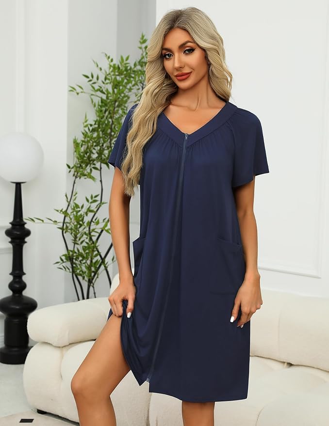 Ekouaer Women Robe Zipper Front Mumu Duster Robes Zip Up Housecoat Soft Sleepwear with Pockets