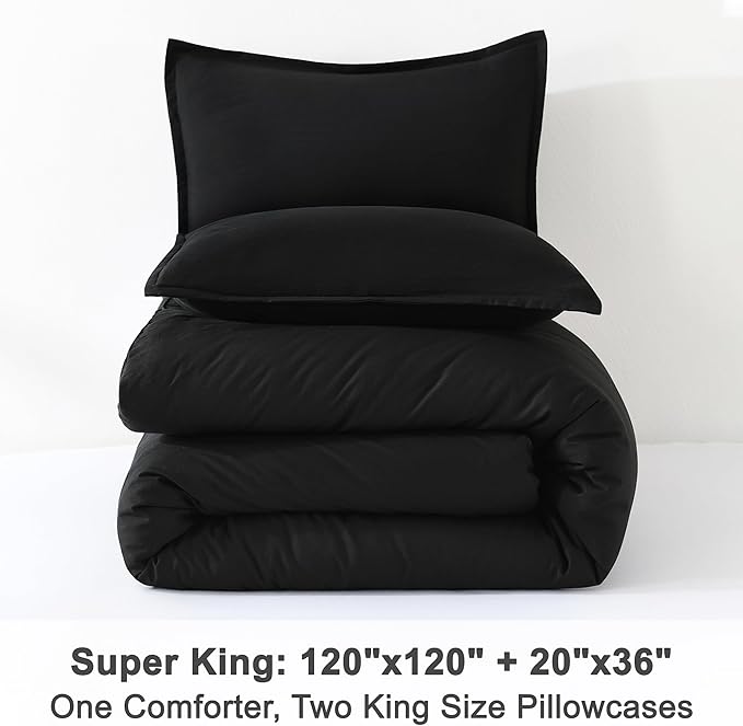 Litanika Comforter Set, Lightweight Solid Bedding Comforter Set, Fluffy Down Alternative Bed Set, Black, Super King