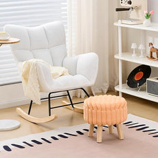 Wimarsbon Storage Ottoman,Soft Faux Fur Footstool with Padded Seat, Small Reading Vanity Chair, Footrest with Wood Tray for Couch, Mini Coffee Table or Display Stand (Orange, Round Storage)