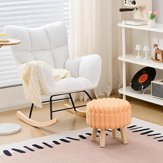 Wimarsbon Storage Ottoman,Soft Faux Fur Footstool with Padded Seat, Small Reading Vanity Chair, Footrest with Wood Tray for Couch, Mini Coffee Table or Display Stand (Orange, Round Storage)