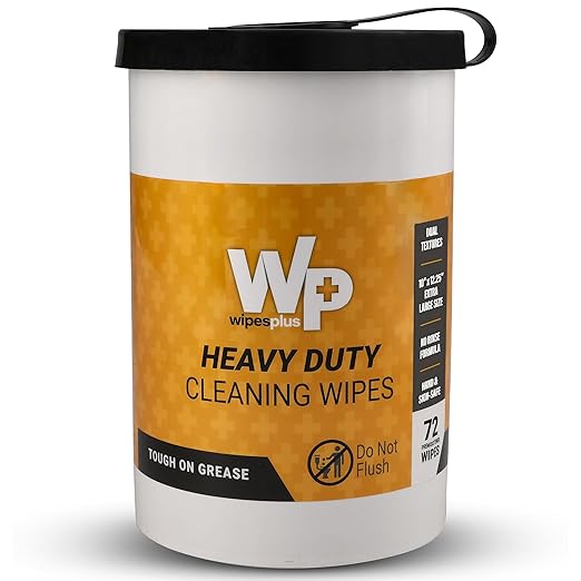 WIPESPLUS Heavy Duty Cleaning Wipes – No Rinse Dual-Texture Tool Cleaning Wipes and Hand Cleaner for Mechanics – Industrial Degreaser for Garage, Grill, and Oven– 72 Count 10.5"x12.25" (Pack of 6)