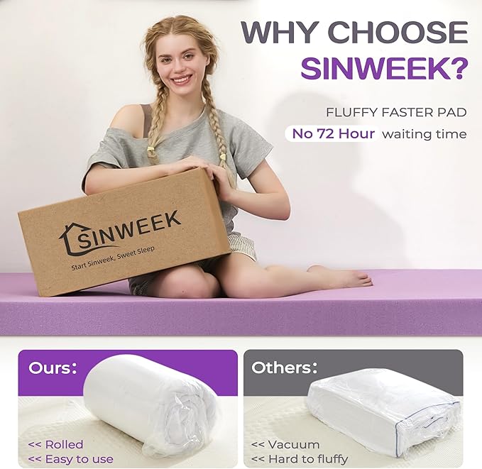 SINWEEK Dual Layer 5 Inch Memory Foam Mattress Topper King Size, 3 Inch Gel Memory Foam Plus 2 Inch 1450 GSM Down Alternative Quilted Pillow Top Mattress Pad Cover, White