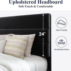 Allewie King Size Platform Bed Frame with Velvet Upholstered Headboard and Wooden Slats Support, Fully Upholstered Mattress Foundation/No Box Spring Needed/Easy Assembly, Black