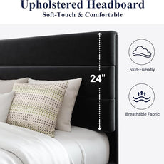 Allewie Queen Size Platform Bed Frame with Velvet Upholstered Headboard and Wooden Slats Support, Fully Upholstered Mattress Foundation/No Box Spring Needed/Easy Assembly, Black
