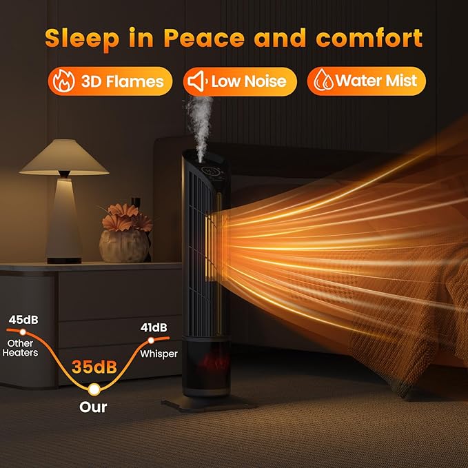 VCJ 28" Space Heaters with Humidifier, 12H Timer Electric Heater for Indoor Use, Remote, 120° Oscillation, Overheat & Tip-Over Protection, Quiet Portable Tower Heater for Bedroom Living Room Garage