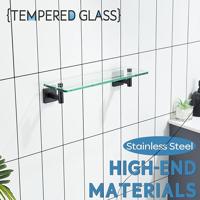 KOKOSIRI Wall Shelves Bathroom Hardware Glass Floating Shelf 16-Inch for Bedroom, Living Room, Kitchen, Hanging Rack Oil Rubbed Bronze B1105ORB-L16