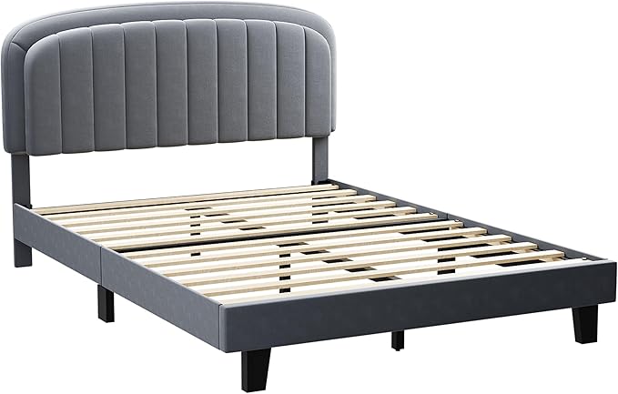 Cozy Castle Full Size Bed Frame with Adjustable Vertical Channel Tufted Headboard, Velvet Upholstered Platform Bed with Wood Slats, Mattress Foundation, No Box Spring Needed, Easy Assembly, Gray