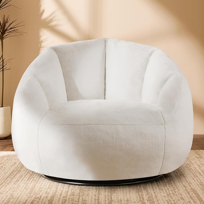 Swivel Giant Bean Bag Chair for Adults - Comfy Plush Round Shell Soft Accent Chair, Oversized Cozy Floor Sofa for Living Room, Bedroom & Game Rooms, Beige