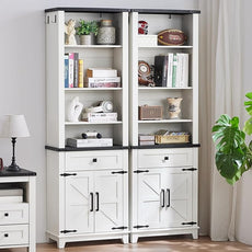 72in Tall Bookshelf 7 Tier Bookcase with Drawer and Barn Doors and Adjustable Shelves, White Farmhouse Book Shelf with Storage Cabinet, Wood Freestanding Display Bookshelves for Kitchen (2PCS)