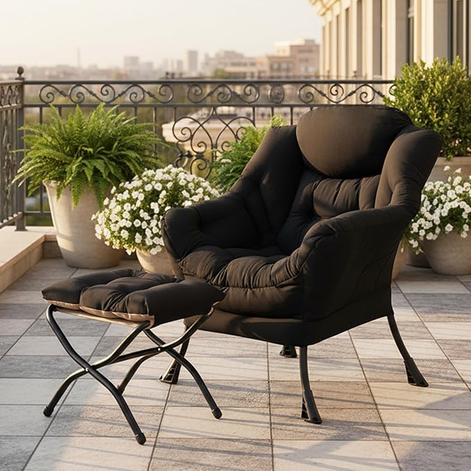 Tiita Lazy Chair with Ottoman, Modern Large Accent Lounge Armchair, Comfy Leisure Sofa Reading Chair with Footrest for Bedroom, Living Room, Dorm Rooms, Garden and Courtyard, Velvet Black