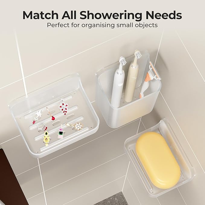 Orimade Shower Caddy 5-Pack, No-Drill Adhesive Shelves for Bathroom, Rustproof ABS Storage Organizer Set, Clear