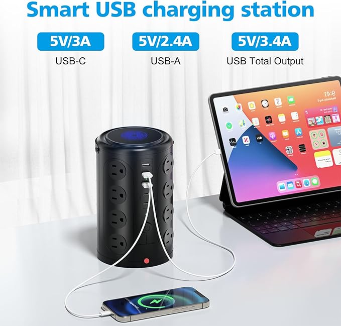 Tower Power Strip, 20FT Extension Cord with Multiple Outlets, 16 AC Outlets & 5 USB (2 USB C) Charging Station Surge Protector for Office Home Dorm Room (Black)