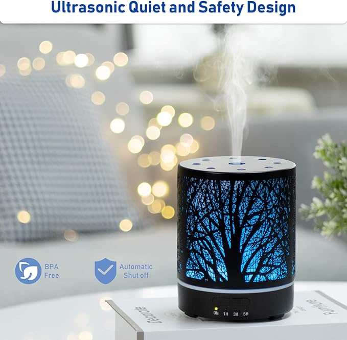 Essential Oil Diffuser Aromatherapy Diffuser -300ml Metal Electric Ultrasonic Cool Mist Oil Diffuser for Large Room with Auto Shut-Off Protection, 4 Timer Setting &7 Colors Night Light for Home Office