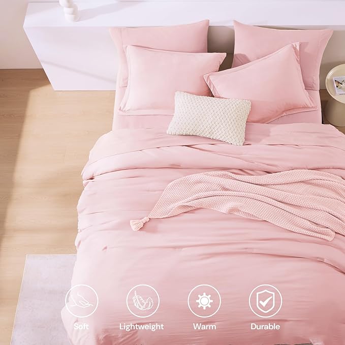 WRENSONGE Full Size Comforter Set- 7 Pieces Soft Pink Bed in a Bag Full Size Comforter with Fitted Sheet, Flat Sheet, 2 Pillow Shams, 2 Pillowcases, Warm Bedding Sets for All Season