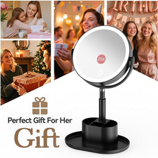 Shinowa Makeup Mirror with Lights, 1X/20X Lighted Magnifying Mirror with Storage for Makeup & Jewelry, 2-Sided Height Adjustable Vanity Mirror with 3 Color Lights, 360° Rotation & Rechargeable, Black