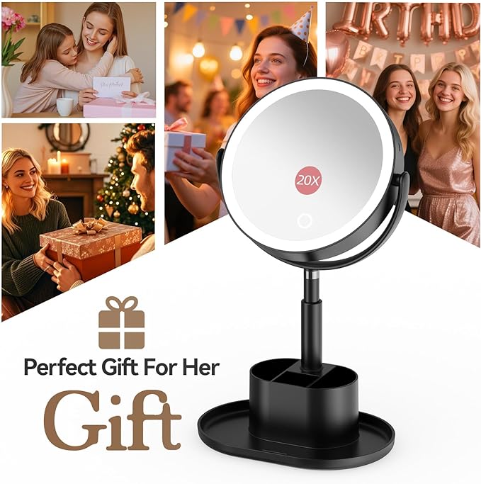 Shinowa Makeup Mirror with Lights, 1X/20X Lighted Magnifying Mirror with Storage for Makeup & Jewelry, 2-Sided Height Adjustable Vanity Mirror with 3 Color Lights, 360° Rotation & Rechargeable, Black