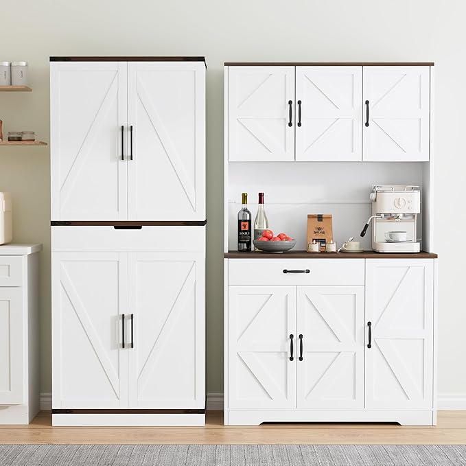 72" Tall Storage Cabinet, Kitchen Pantry Cabinet with Adjustable Shelves & Sturdy Steel Frame, Farmhouse Pantry Storage with 4 Barn Doors for Kitchen, Dining Room, and Living Room, White