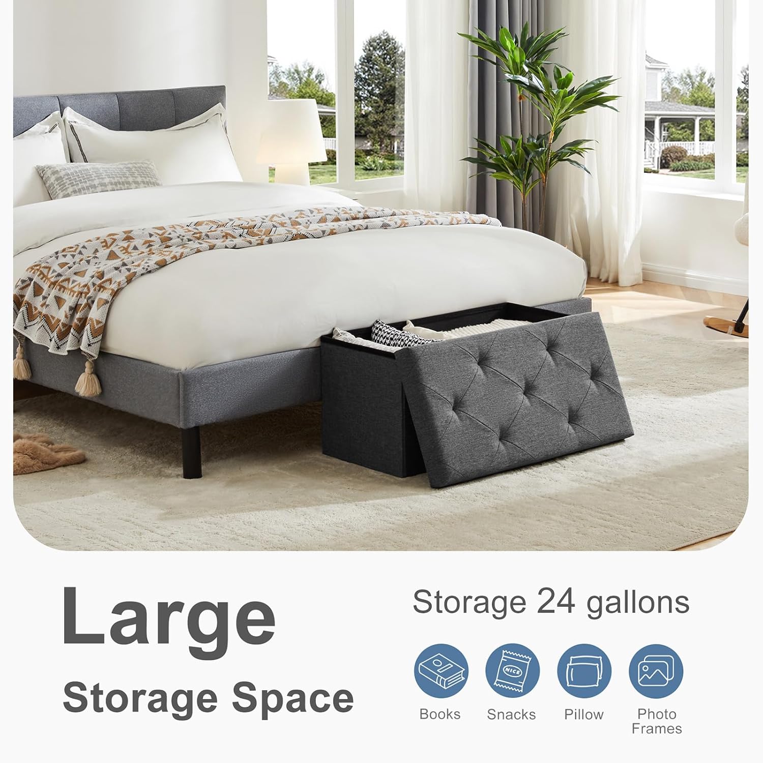 DUMOS 30in Foldable Storage Ottoman Bench, Storage Chest, End of Bed Foot Rest Stool with Padded Seat, Bedroom Bench for Living Room, Bedroom, Support 660lbs, Grey Dormly