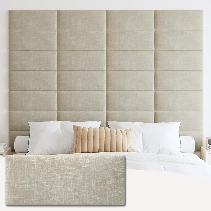 IFNOW Upholstered Wall Mounted Headboard, 3D Soundproof Wall Panels Peel and Stick, Reusable and Removable Tufted Bed Headboard in Beige (12 Panels, 10" x 24")