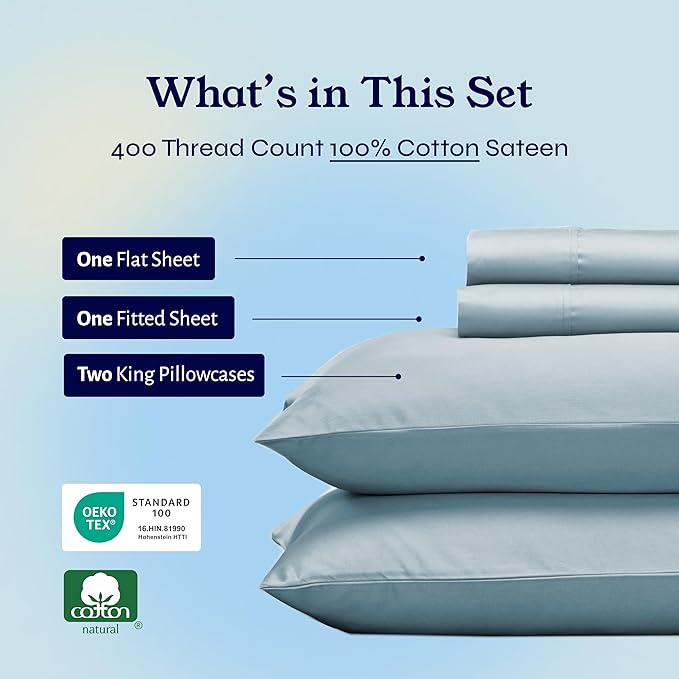 California Design Den 400 Thread Count Natural 100% Cotton Sheets, King Bed Sheets Set, Soft Sateen, Durable & Breathable Bedding with Deep Pockets - Sky Blue CaliforniaDesignDen