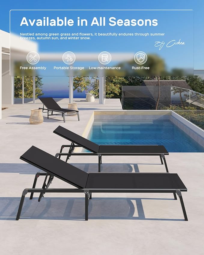 Patio Chaise Lounge Chair, Foldable Lounge Chair for Outside, Aluminum Chairs Set of 2 with 5 Adjustable Backrest, Outdoor Pool Lounger for Poolside, Lawn, Deck, Black