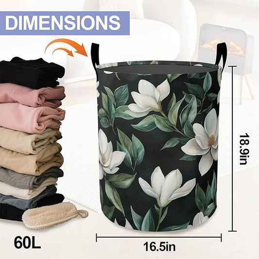 Vintage Magnolia Laundry Basket-Large Foldable Hamper Holder Portable Tall Collapsible Laundry Hamper Storage Basket Bin with Handles, Canvas & Waterproof lining for Household Items