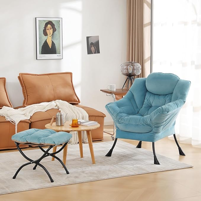 Cozy Lazy Chair and Ottoman, Large Contemporary Accent Lounge Chair Set, Leisure Upholstered Reading Armchair for Bedroom, Living Room, Dorm Rooms, Office