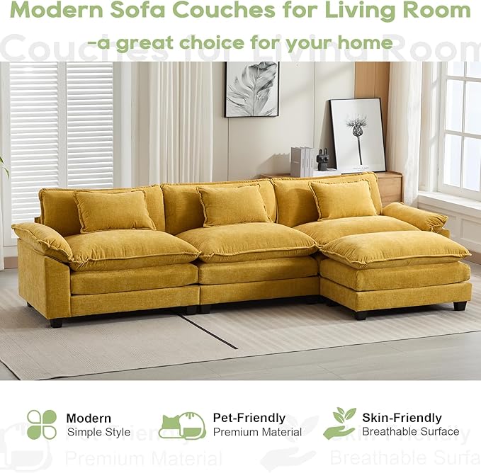 120" Modular Sectional Sofa, Comfy Cloud Couch Sectional Sofa with Ottoman, Chenille Sofa Sleeper Deep Seat Sofa with Throw Pillows for Living Room (Yellow, 120"- L Shape)