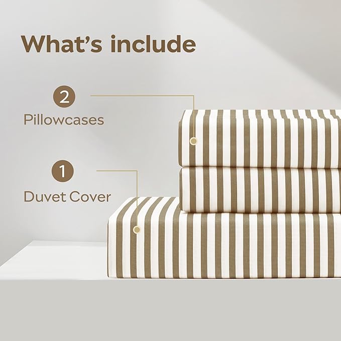 JELLYMONI Oversized King Duvet Cover Set, Cotton Duvet Cover 3 Pieces with Zipper Closure, 1 Duvet Cover and 2 Pillowcases(White with Khaki Striped)